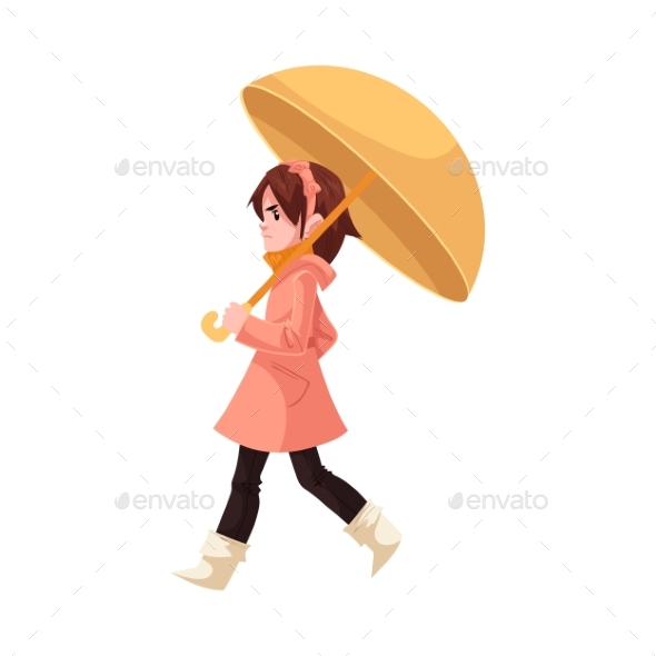 Little Kid Girl Under Umbrella in Coat and Rubber - Landscapes Nature