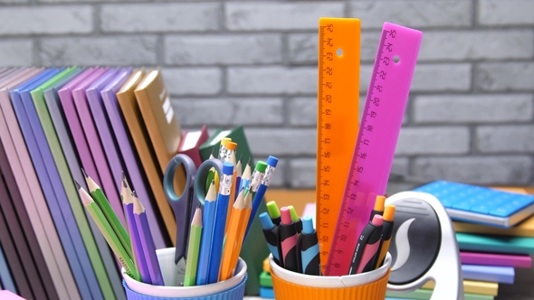 Stationery For School And Office. Notebooks, Pencils, Pens, Rulers ...