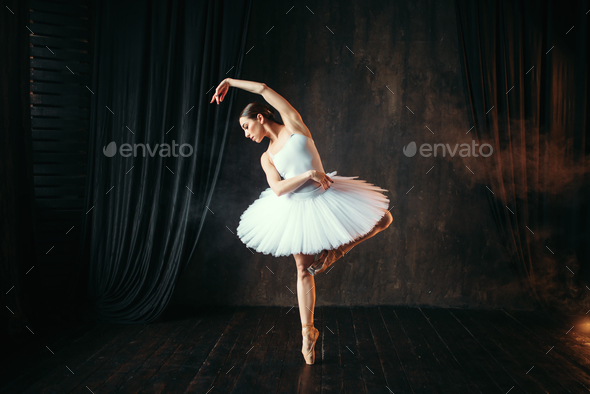 Graceful ballerina dancing on theatrical stage Stock Photo by NomadSoul1