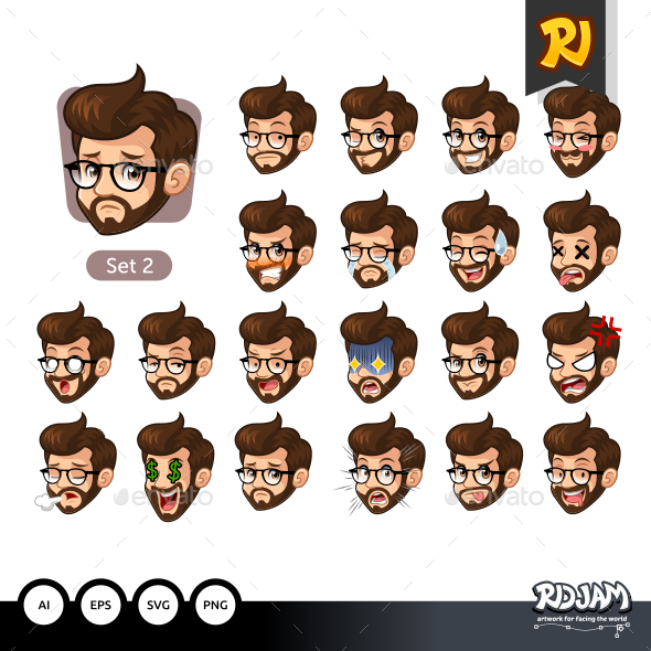 The Second Set of Bearded Hipster Facial Emotions with Glasses - People Characters