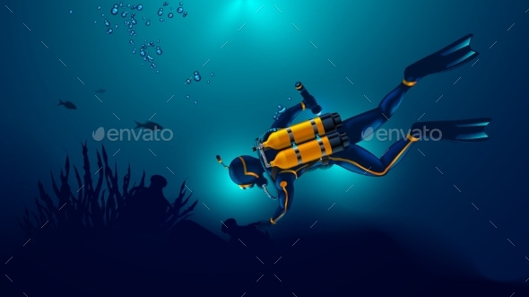 Scuba Diver Exploring the Seabed. Underwater - People Characters