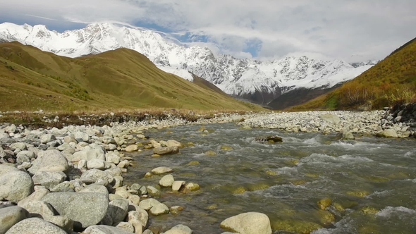 Amazing Touristic Place Near River in Mountain Valley at the Foot of Mt. Shkhara. Upper Svaneti