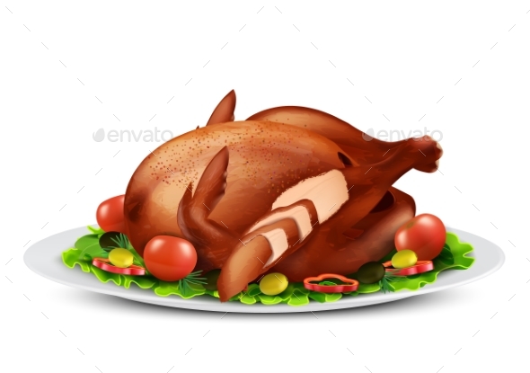 Vector Roasted Turkey or Chicken with Vegetables - Food Objects