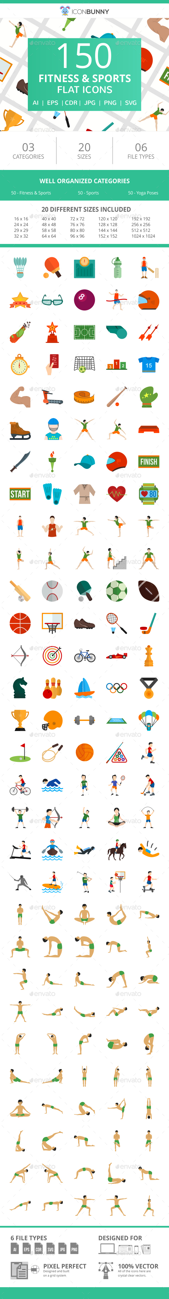 150 Fitness & Sports Flat Icons - Icons