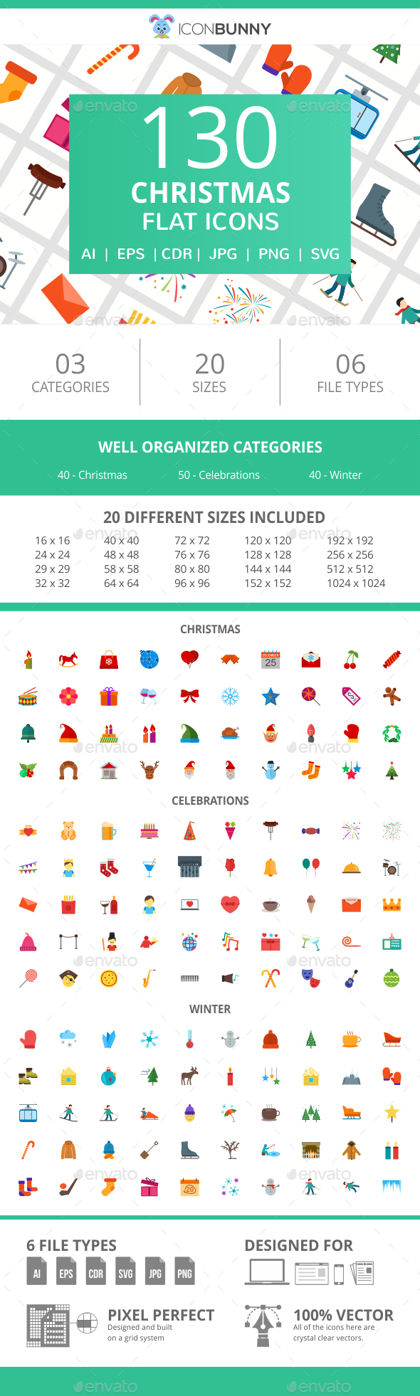 130 Christmas Flat Icons - Icons