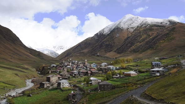 Amazing Touristic Place Ushguli Located at the Foot of Shkhara, One of the Highest Caucasian Summits