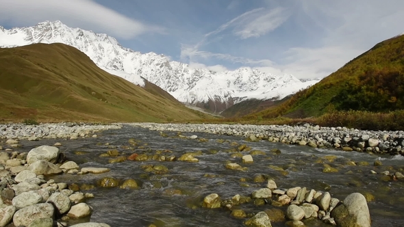 Amazing Touristic Place Near River in Mountain Valley at the Foot of Mt. Shkhara. Upper Svaneti