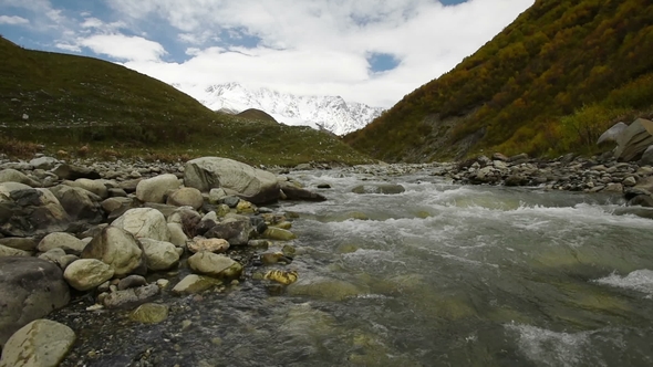 Amazing Touristic Place Near River in Mountain Valley at the Foot of Mt. Shkhara. Upper Svaneti alt
