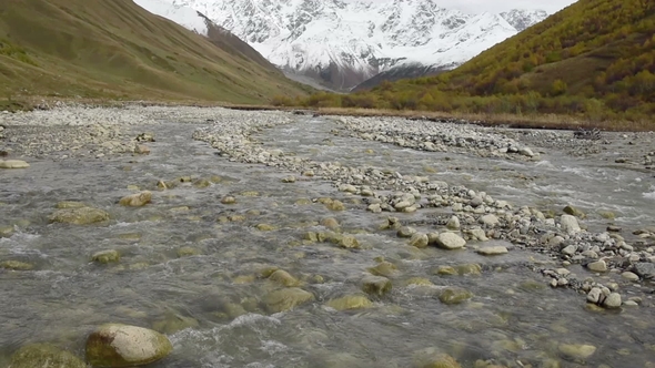 Amazing Touristic Place Near River in Mountain Valley at the Foot of Mt. Shkhara. Upper Svaneti