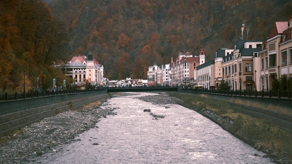River Flowing in Sochi, Houses and People