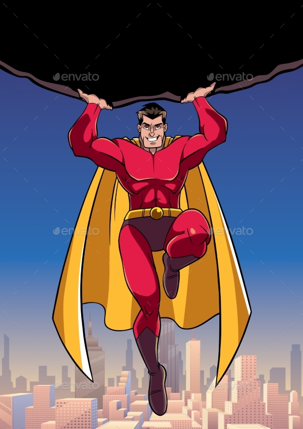 Superhero Holding Boulder Above City - People Characters