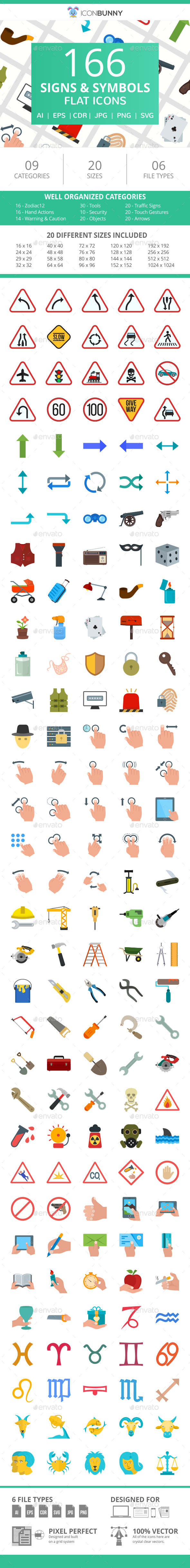 166 Signs & Symbols Flat Icons - Icons