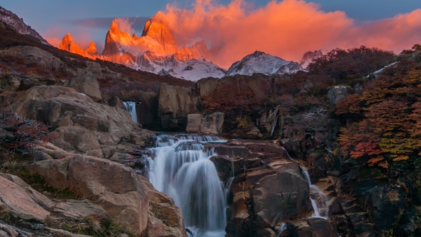 Beautiful View with Waterfall and Fitz Roy Mountain. Patagonia alt