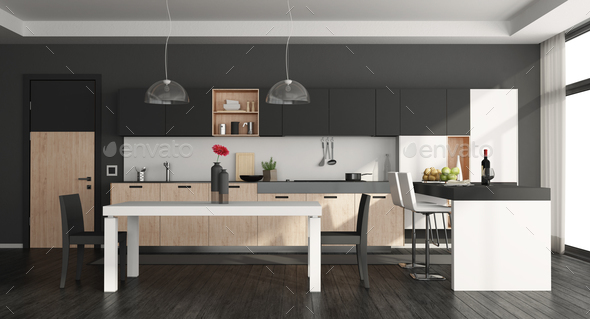 Black and white modern kitchen - Stock Photo - Images