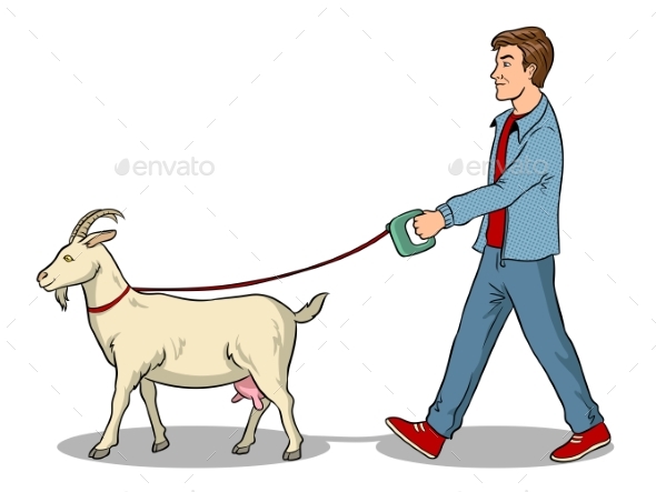 Man and Goat As Pet Pop Art Vector Illustration - Animals Characters