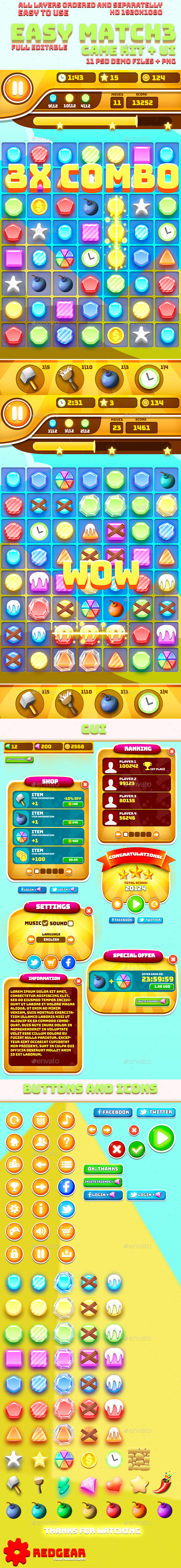 Easy Match-3 Game Kit + UI - Game Kits Game Assets
