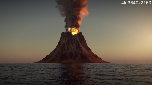 Volcano on Sea Sunset 4k