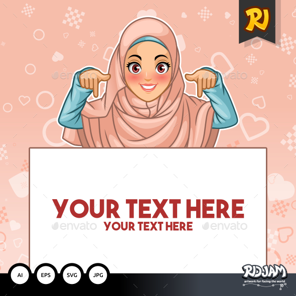 Muslim Woman Pointing Finger Down at Copy Space - People Characters