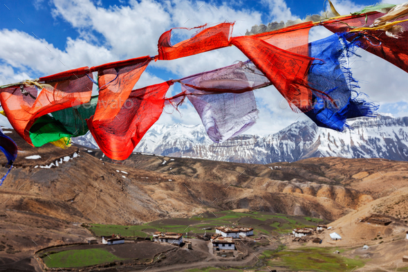 Buddhist flags in sky - Stock Photo - Images