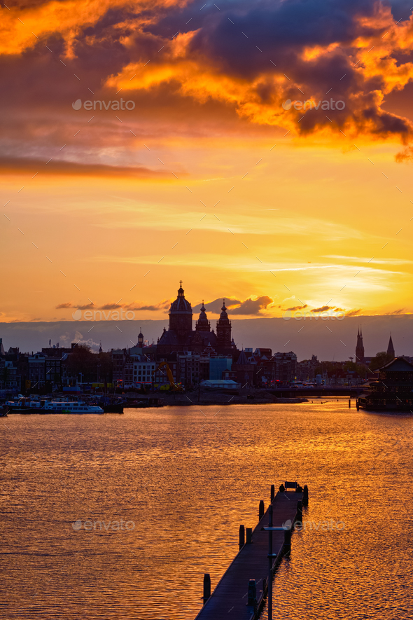 Amsterdam cityscape skyline with Church of Saint Nicholas on su - Stock Photo - Images