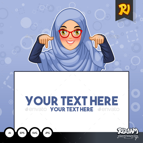 Muslim Woman Pointing Finger Down at Copy Space - People Characters