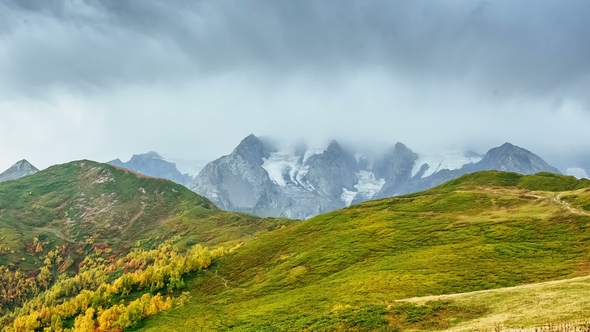 Mheer Mountain Filmed From Guli Pass. Upper Svaneti, Mestia Near Ushba Pass. Georgia alt