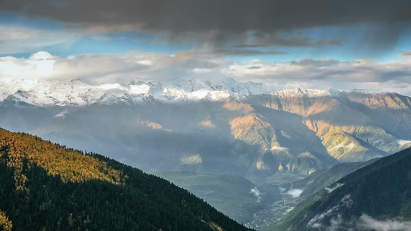 Thick Clouds Floating Over Mheer Mountain Chain Filmed From Guli Pass. Upper Svaneti, Mesti