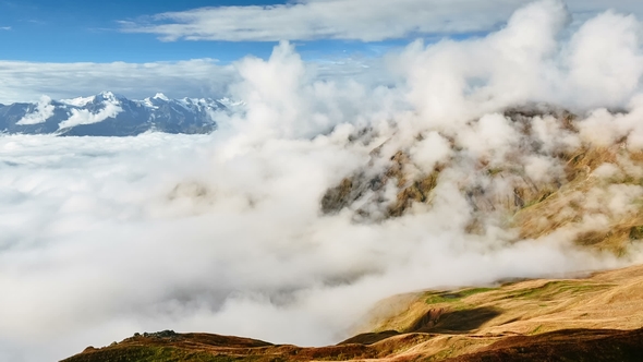 Thick Clouds Floating Under Mheer Mountain Filmed From Guli Pass. Upper Svaneti, Mestia Nea