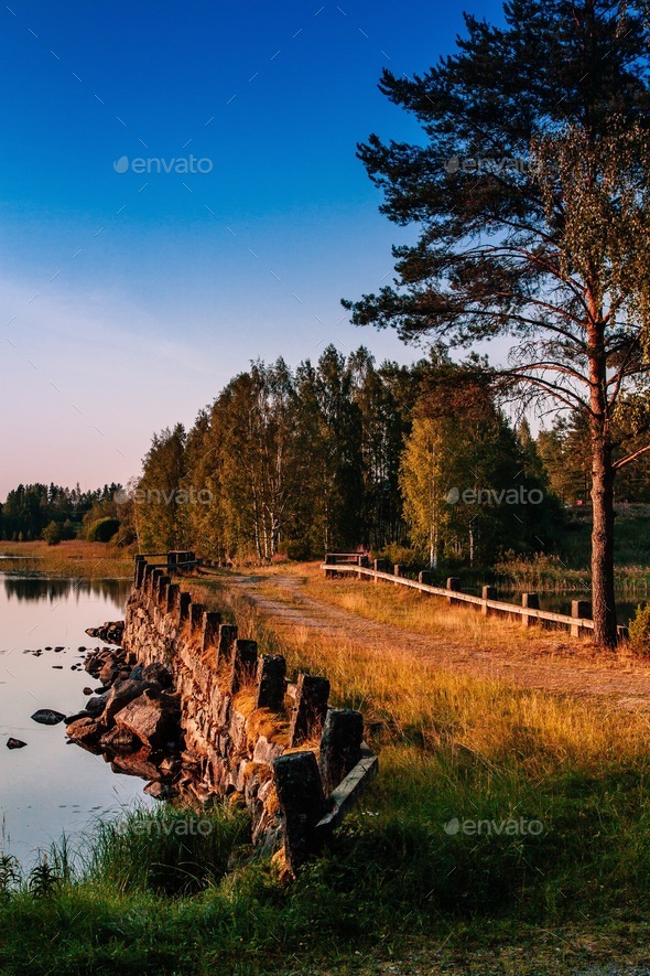 Old stone bridge in summer Finland - Stock Photo - Images
