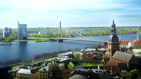 Aerial View of the Center of Riga From the Church of St. Peter, Latvia
