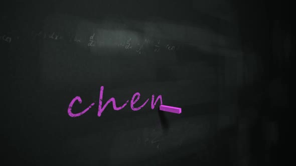 Animation of purple chalk writing the English word 'chemistry' on a blackboard. alt