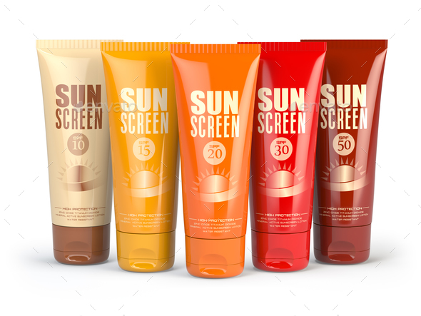 Row of sun screen cream, oil and lotion containers with differen