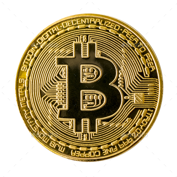 Bitcoin. Physical bit coin. Digital currency. Cryptocurrency. Golden coin with bitcoin symbol - Stock Photo - Images