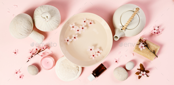 SPA settings on pink background - Stock Photo - Images
