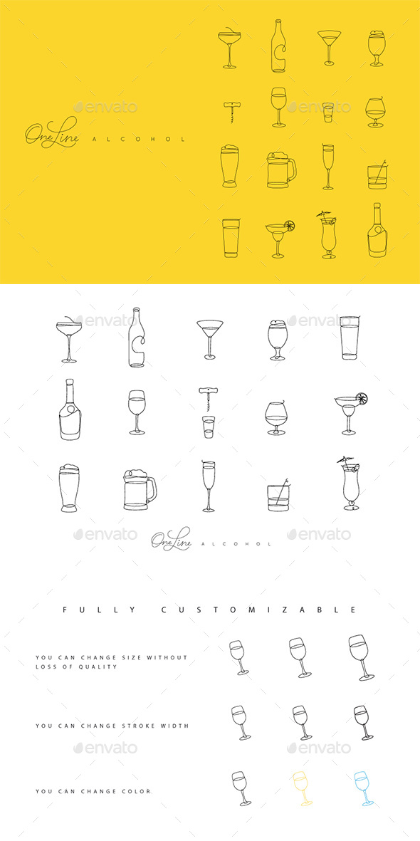 One Line Alcohol Icons - Food Objects