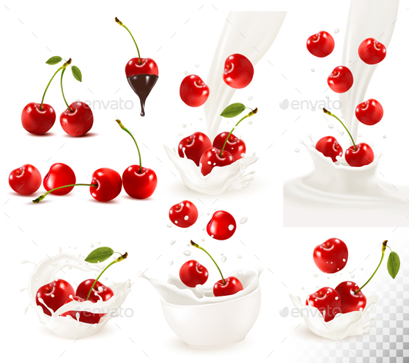 Set Of Ripe Sweet Cherries With Leaves And Splash Of Milk. - Food Objects