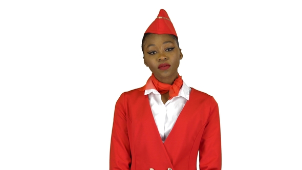 Afro American Stewardess i Smiles Looks Into the Distance . Alpha Channel alt