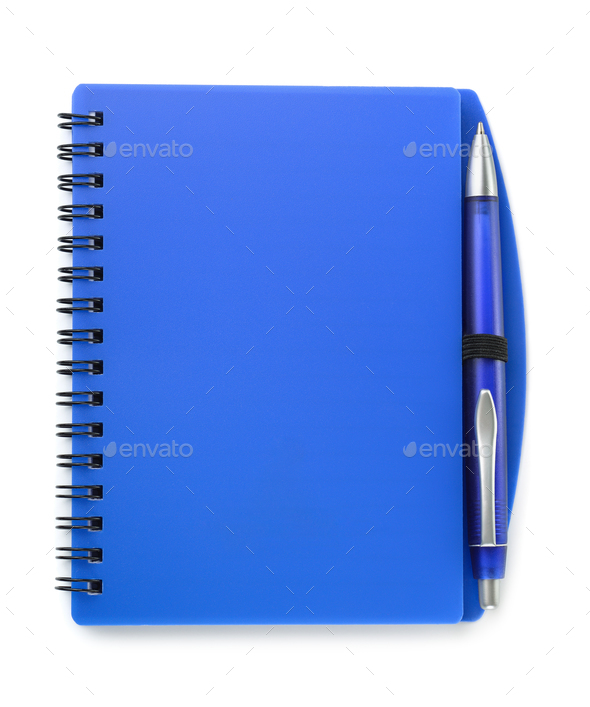 Top view of blue notebook and pen - Stock Photo - Images
