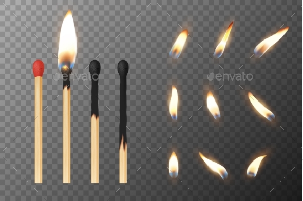 Vector Realistic Match Stick and Different Flames - Organic Objects Objects