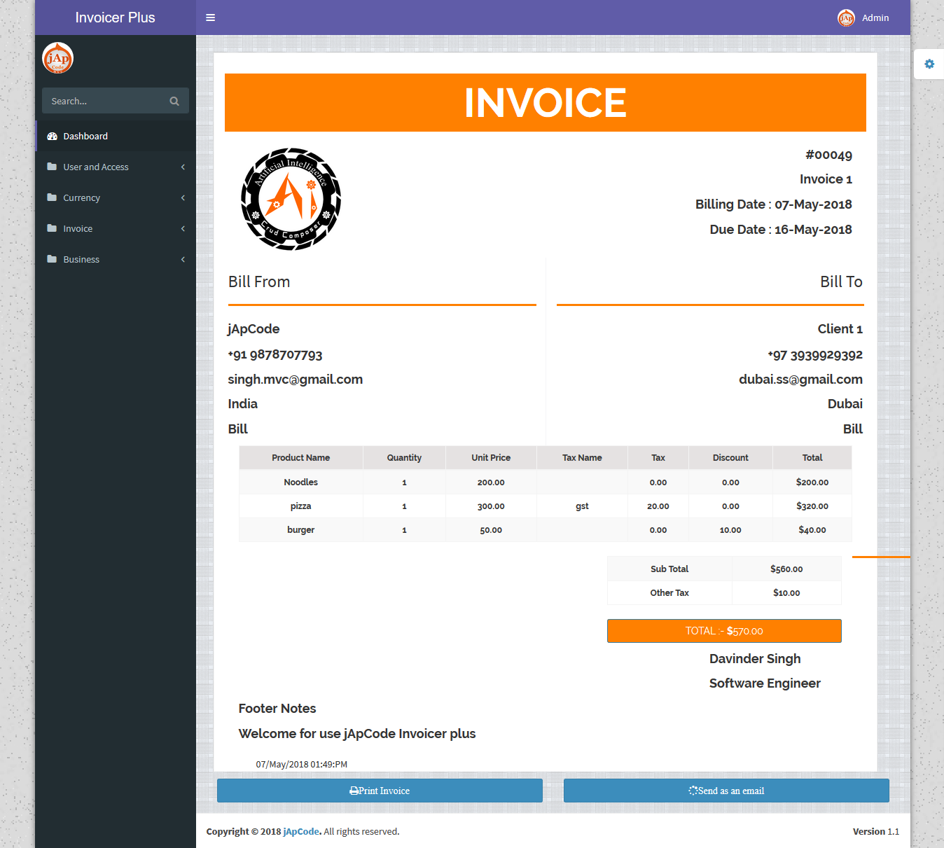 Invoicer Plus (Invoice Generator) Open Source Asp.net Mvc  5 Print | Email | Edit able Invoice - 4