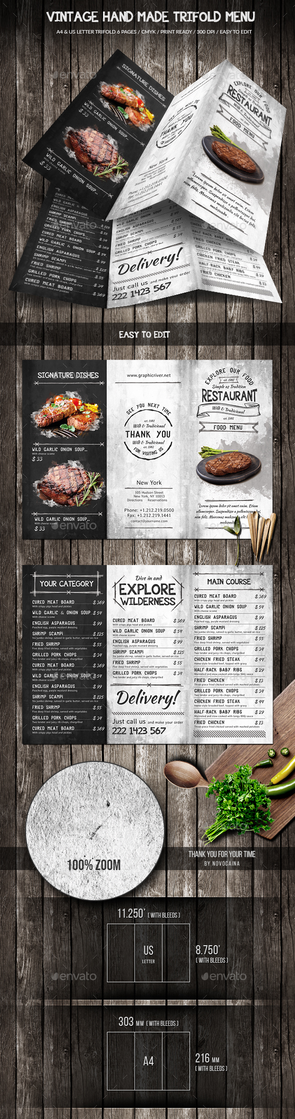 Vintage Hand Made Trifold Food Menu A4 & US Letter