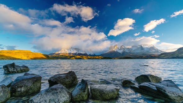 View of Torres Mountains in the Torres Del Paine National Park During Sunrise. Autumn in Patagonia