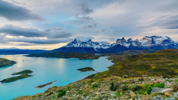 View of Torres Mountains in the Torres Del Paine National Park During Sunset. Autumn in Patagonia