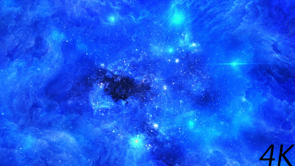 Flying Through Abstract Blue Space Nebula and Bright Stars
