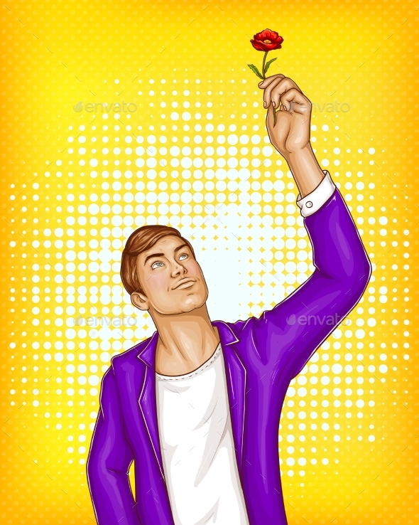 Vector Pop Art Man Holding Flower - People Characters
