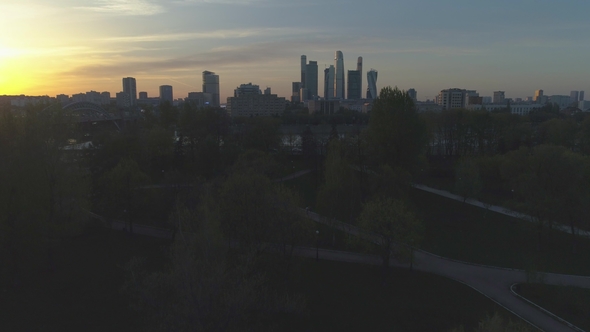 Moscow International City Business Center and Skyline in Sunny Evening. Aerial View alt