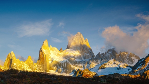View of Mount Fitz Roy and in the National Park Los Glaciares National Park at Sunrise