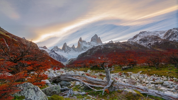 View of Mount Fitz Roy and the River in the National Park Los Glaciares National Park at Sunrise