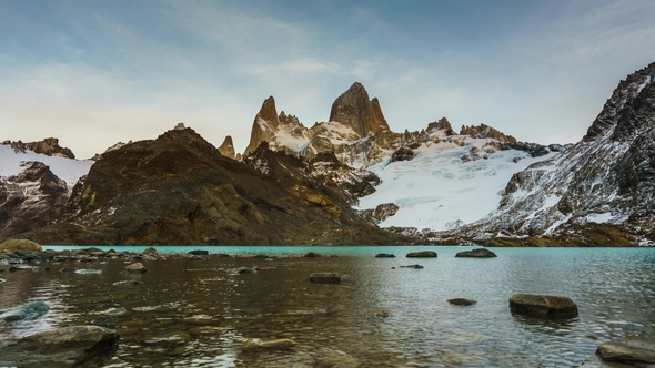 View of Mount Fitz Roy and the Lake in the National Park Los Glaciares National Park at Sunrise