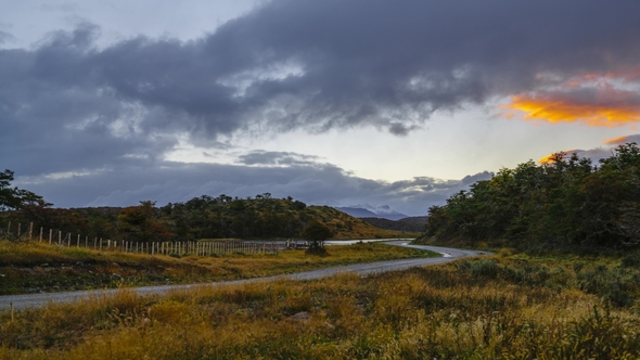 View on Road Near Ushuaia During Sunset. Autumn in Patagonia, the Argentine Side